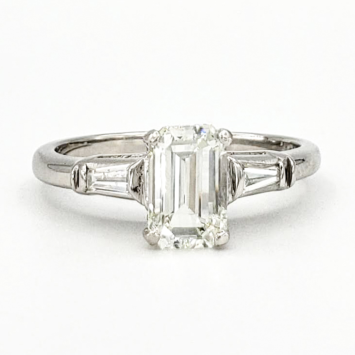 Vintage Platinum Engagement Ring With 1.00 Carat Emerald Cut Diamond ...