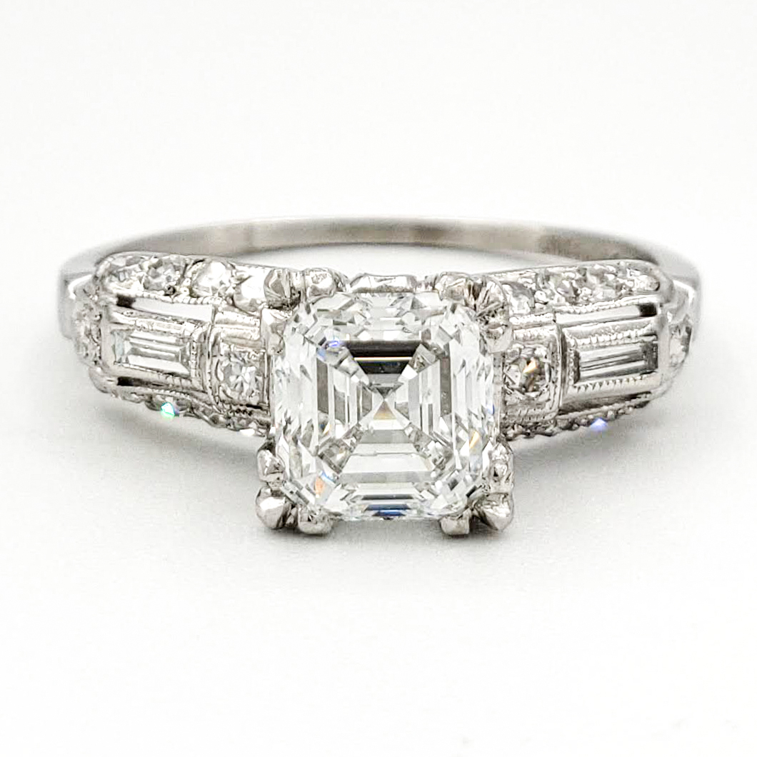 Vintage Platinum Engagement Ring With 1.01 Carat Asscher Cut Diamond GIA – F SI1
